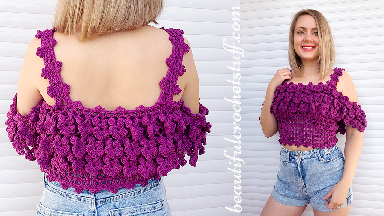 Floral Pattern Tie Front Crochet Tube Knit Top