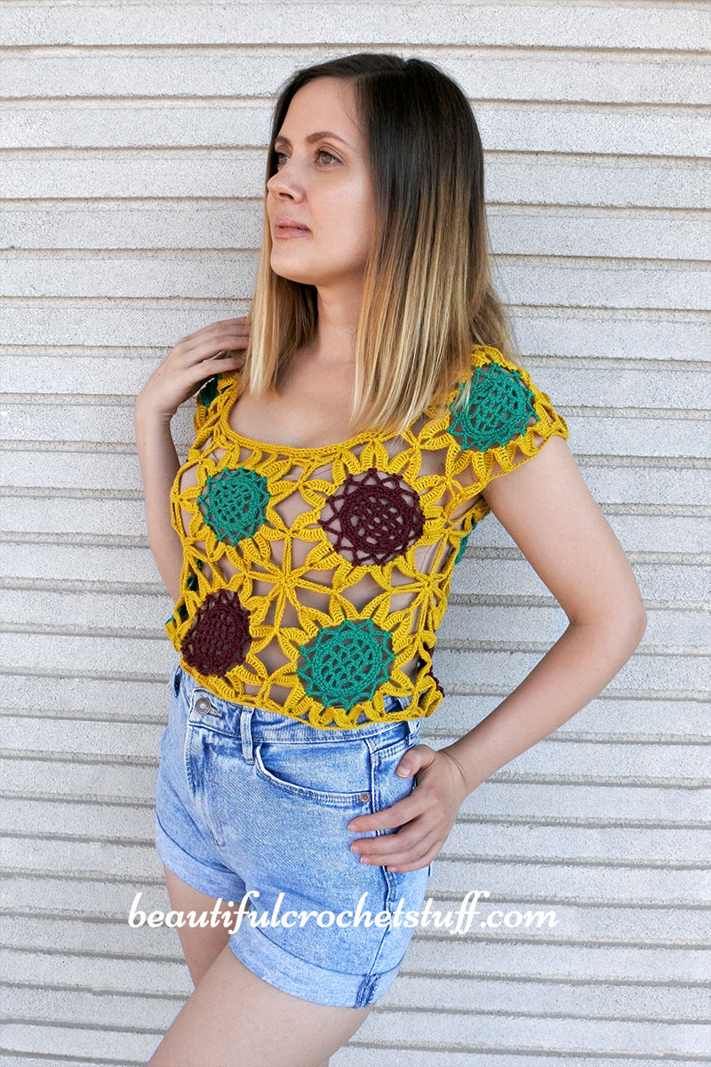 Sunflower crochet long sleeve crop top - Shop cielyarn Women's