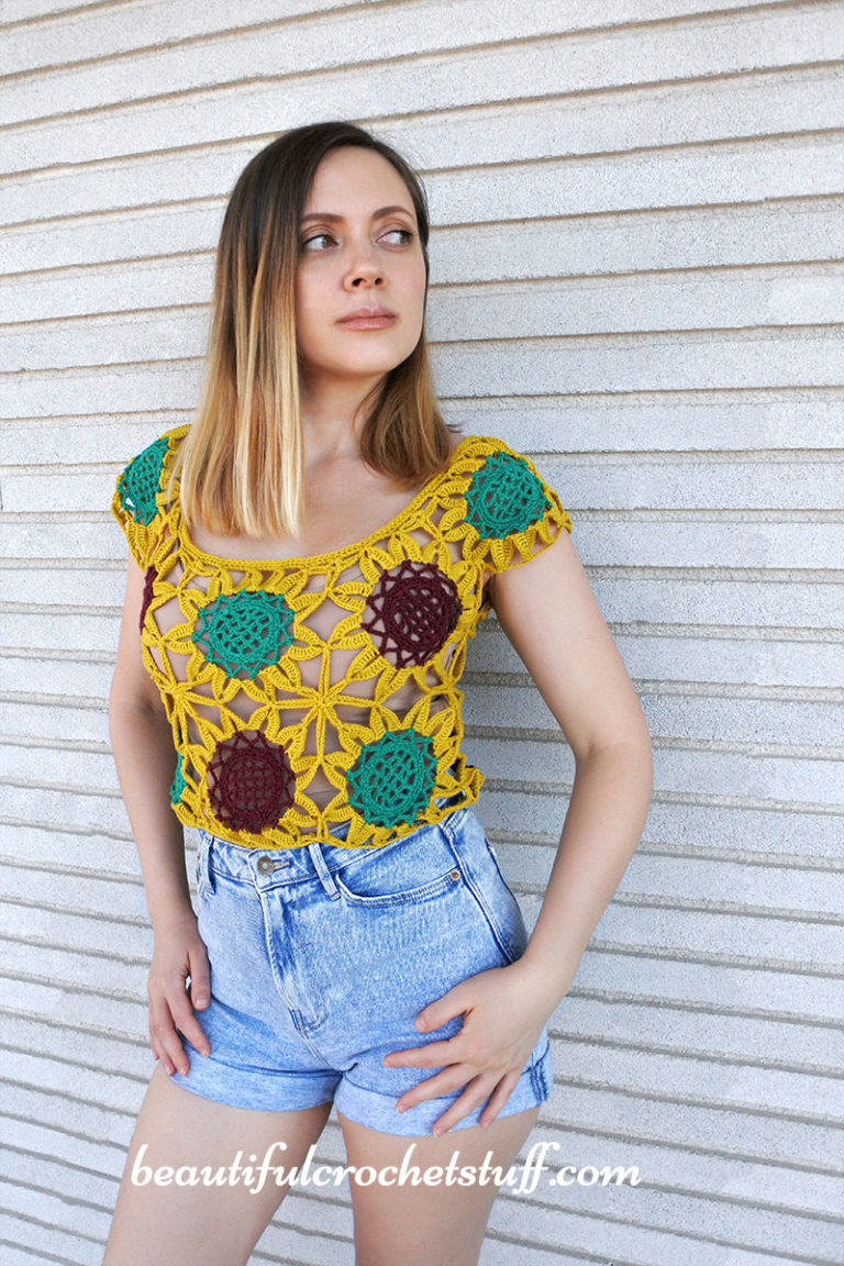 CROCHET SUNFLOWER LACE CROP TOP FREE PATTERN | Beautiful Crochet Stuff