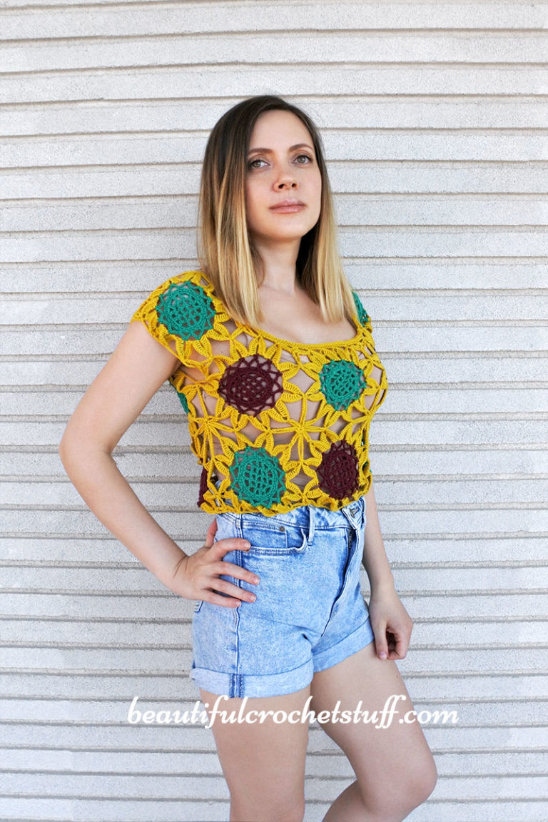 CROCHET SUNFLOWER LACE CROP TOP FREE PATTERN | Beautiful Crochet Stuff