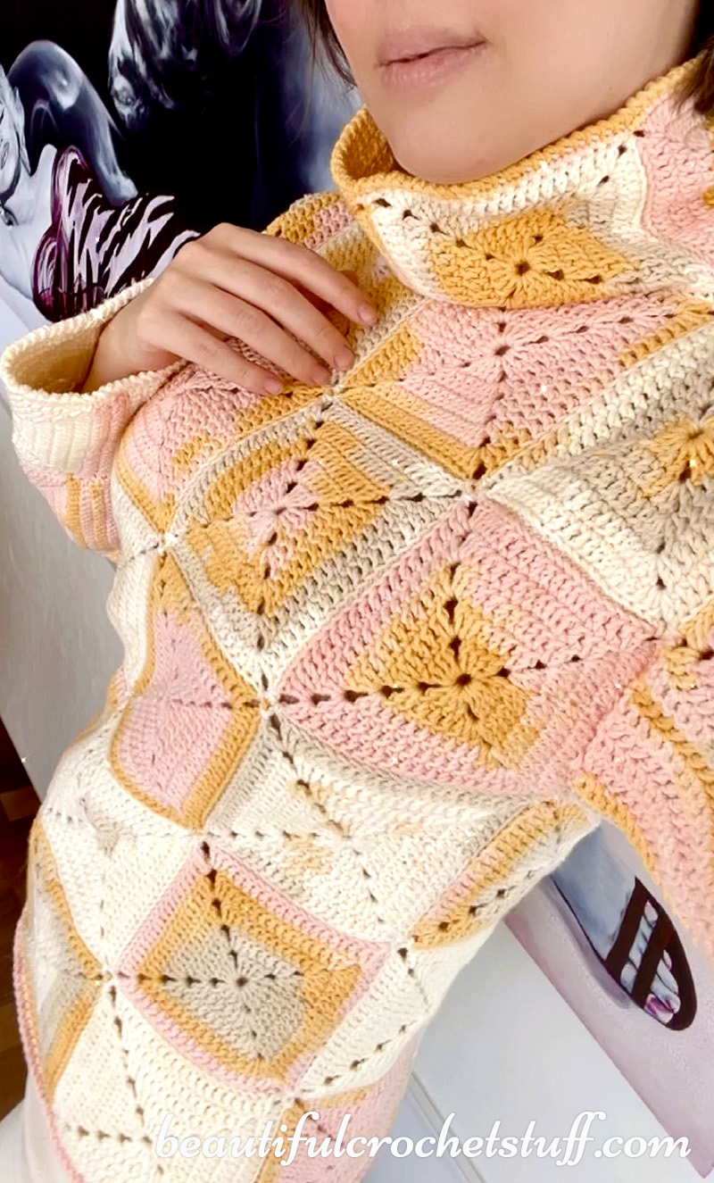 crochet turtleneck granny square sweater free pattern